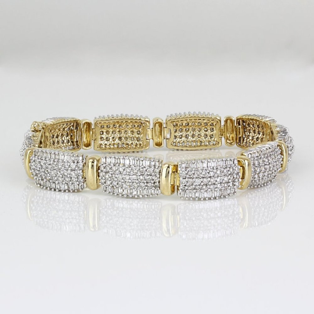 14k Yellow Gold Pave Baguette + Round-cut Diamond Anniversary Bracelet